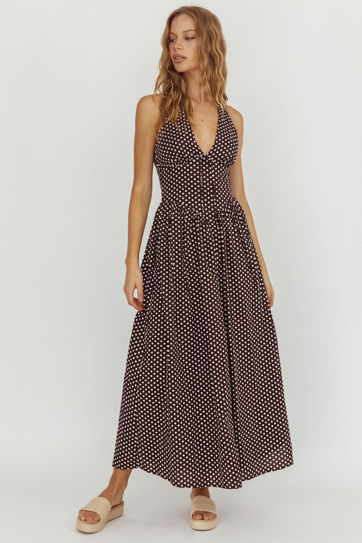 Clarette Basque Waist Open Back Maxi Dress Spotted Chocolate