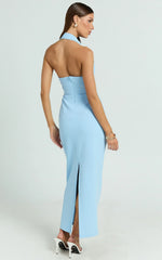 Salome Midi Dress Halter Neck Column Dress in Blue