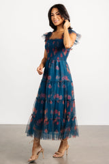 Clementine Tulle Midi Dress | Persian Blue + Rust