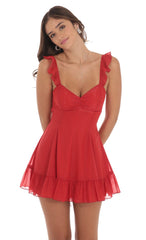 Shimmer Chiffon Ruffle Strap Dress in Red