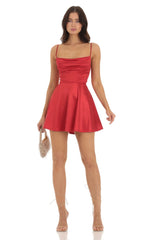 Satin Cowl Neck Dress in Red