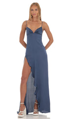 Satin Ruffle Maxi Dress in Blue