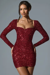 Sephina  Embellished Sweetheart-Neck Mini Dress in Red